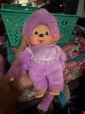 Vintage Purple Plush Monchhichi-Style Doll with Bib